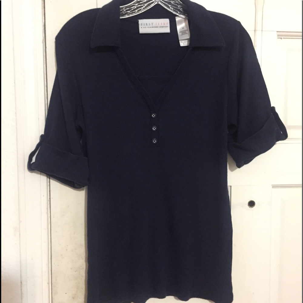 All cotton ribbed navy knit shirt by Liz Claiborne